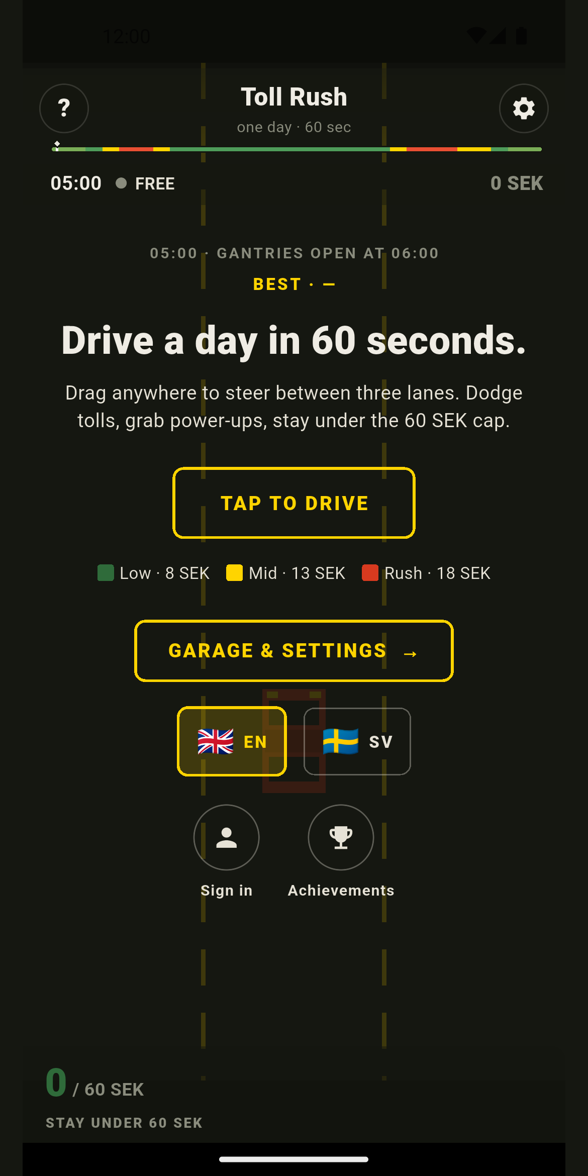 Toll Rush start screen