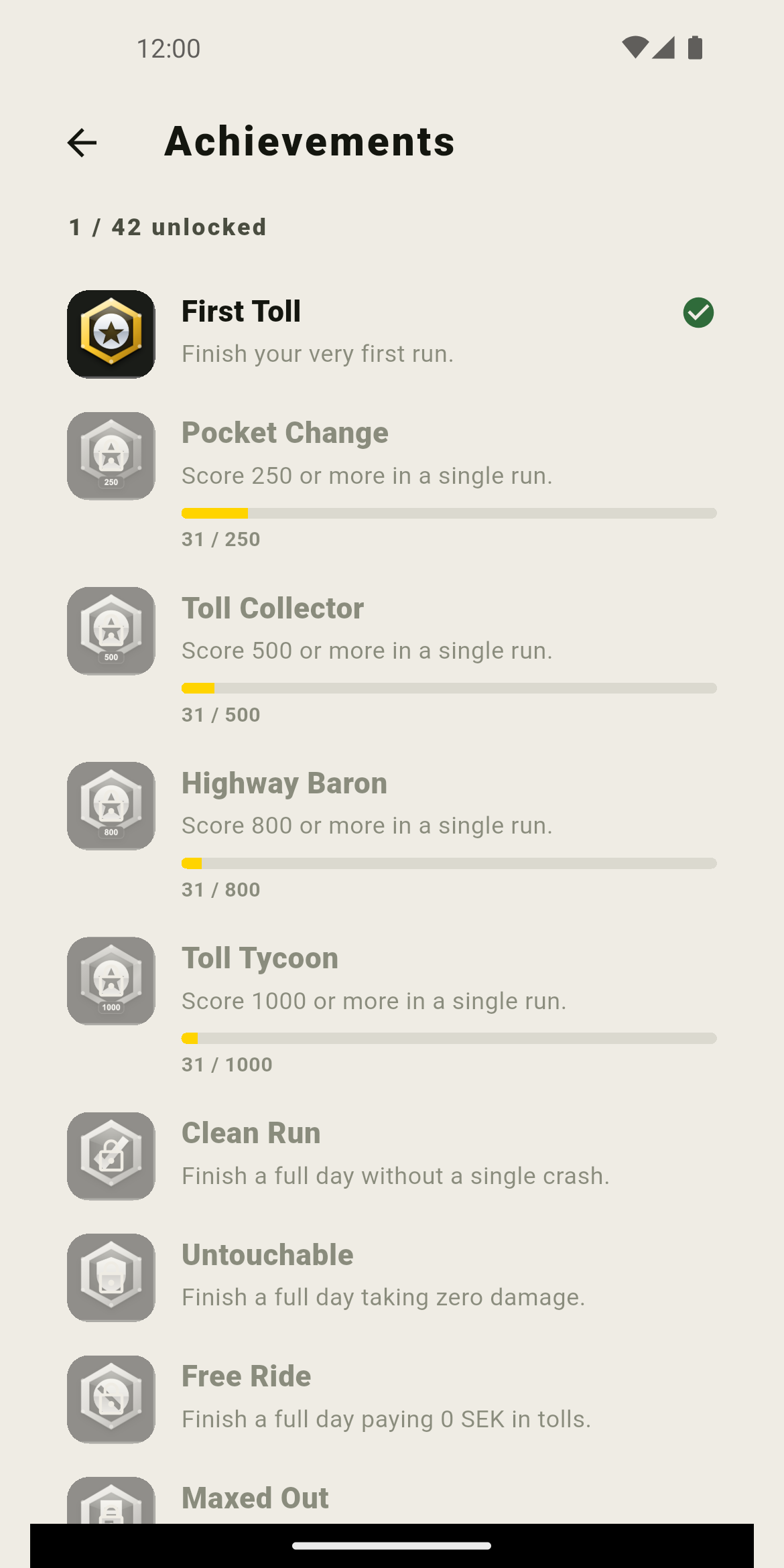 Toll Rush achievements