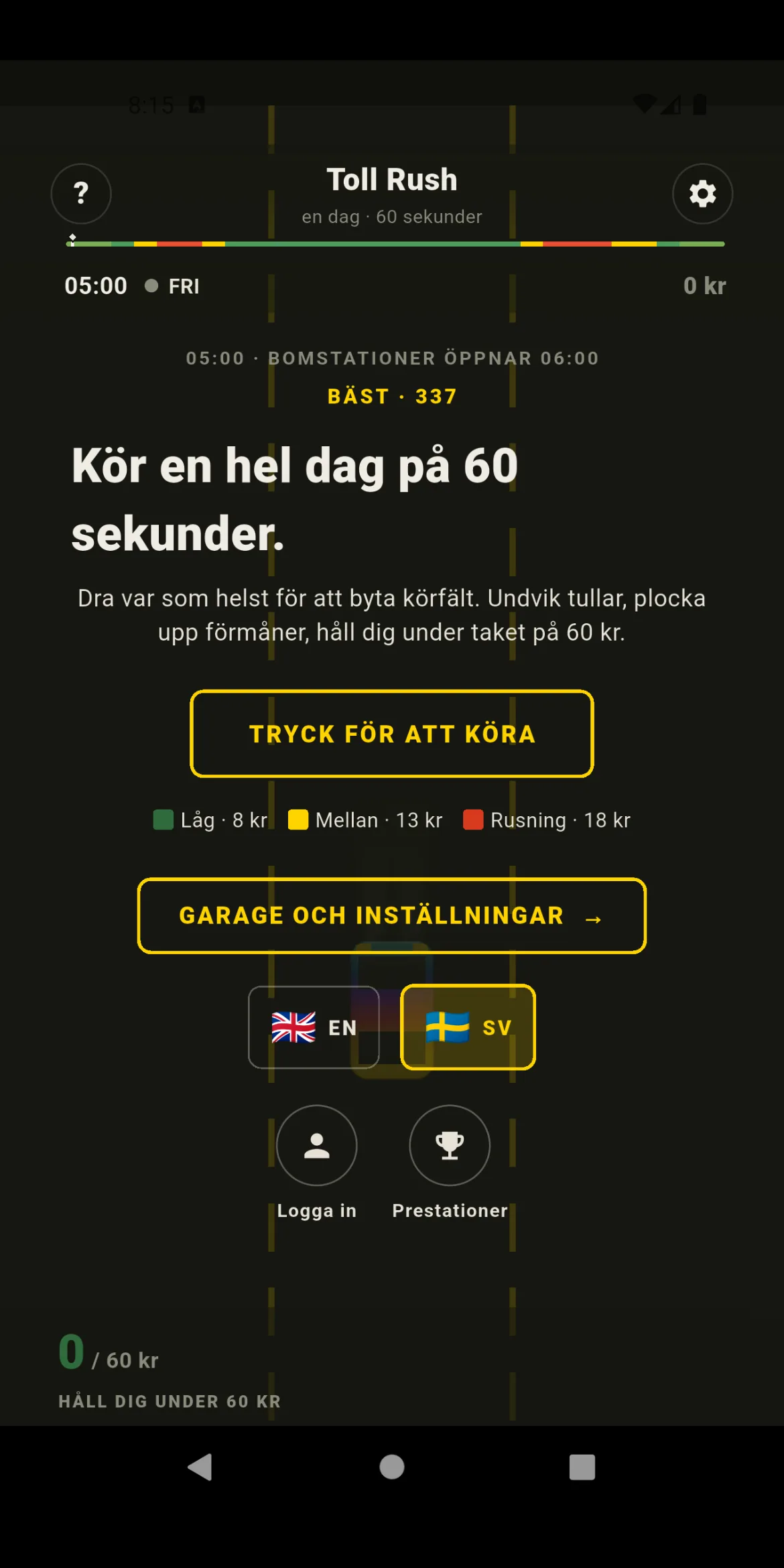 Toll Rush — startskärmen